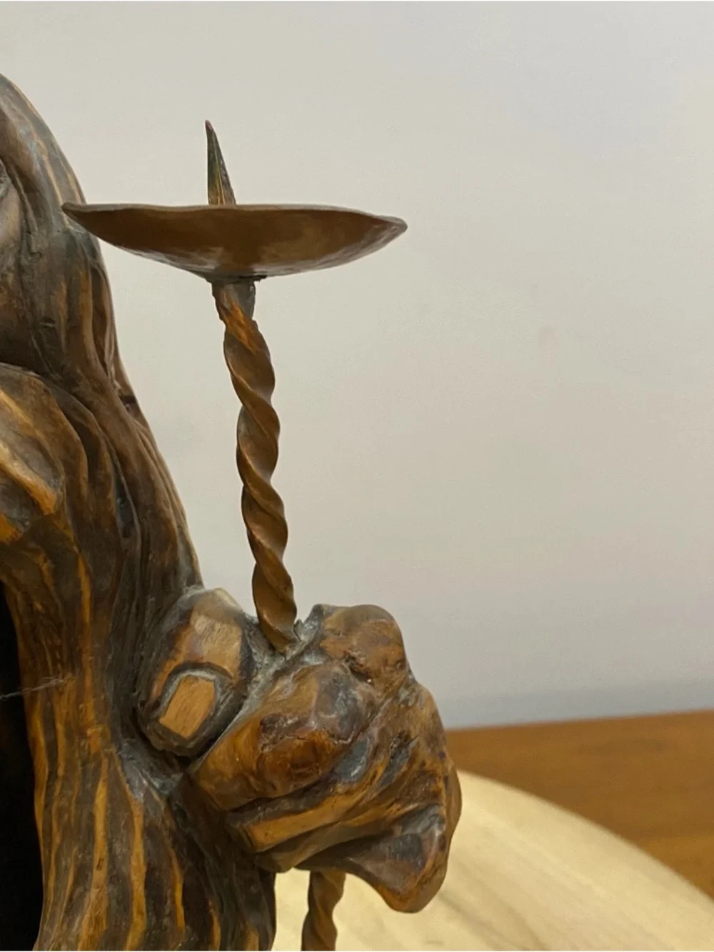 Vintage Hand Carved Wood Candle‎ Holder Spirit Wizard Face Folk Art Cottagecore